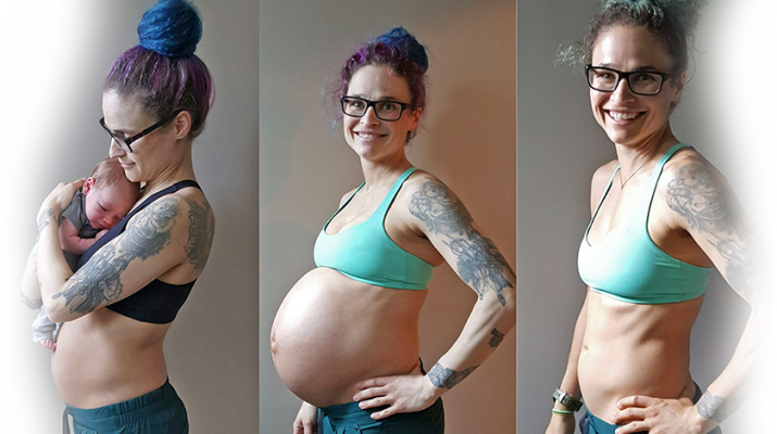 Kristen Szitar pregnancy sequence: From left, photos show her during week 1 of pregnancy, week 40 of pregnancy (full-term) and three weeks after she delivered. She said she continued exercising during pregnancy. “It helped me keep my sanity,” Szitar said. “I wasn’t doing crunches and core work, but moving helped my core.”