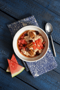 Steel-Cut Oats with Watermelon — Steel-cut oats are one of the most nutritious grains, rich in the soluble fiber called beta glucan that helps keep blood fats and sugar in healthy ranges.