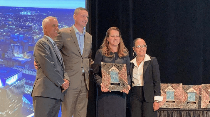 Kate Rolf, president and chief executive officer at Nascentia Health (second from right) accepts CenterState CEO’s 2019 Business of the Year Award, nonprofit category, from Joe Convertino, president, C H Insurance (far left); Robert Simpson, president, CenterState CEO (second from left); and Melanie Littlejohn, first vice chairwoman, CenterState CEO, and vice president, New York jurisdiction, National Grid (far right).