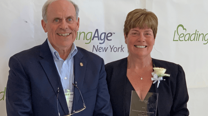 St. Luke Health Services CEO and Administrator Terrence Gorman with St. Luke Sandra Ford, recipient of the 2019 LeadingAge New York Professional of the Year Award, during the presentation of her award at a recent ceremony held in Saratoga Springs.