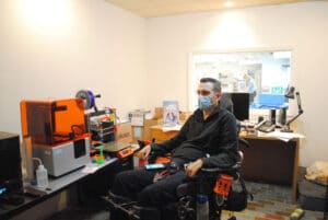Connor McGough, the ARISE adaptive design coordinator, has a degree in industrial design from Rochester Institute of Technology. He, himself, is in a wheelchair, having broken his neck in a diving accident during the summer before his senior year at RIT. 