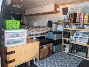 Living quarters inside a van: the place had all the basics the couple needed for a year. They stopped at grocery stores every three to five days. 
